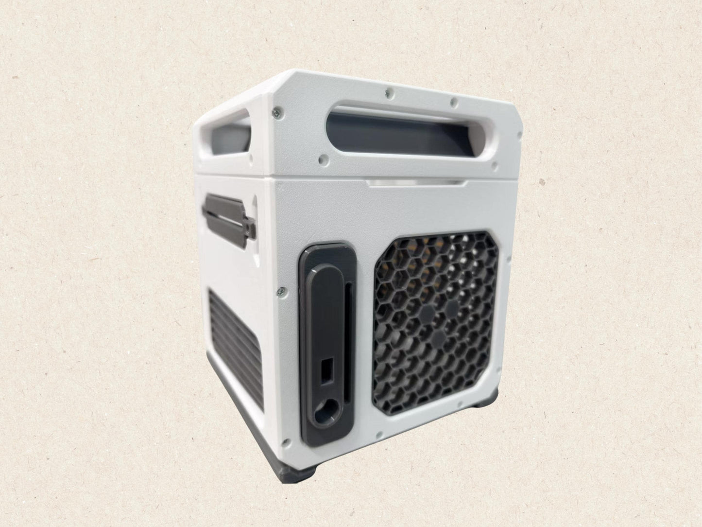 Type: Desktop-level ITX frame, open design. - Color: Mixed white and gray. - Condition: Brand new - Heat dissipation: Air cooling design.

[Compatibility]:

Motherboard: Compatible with a standard ITX motherboard.

Power supply: Supports SFX and SFXL.

Graphics Card: No room for graphics card.

Hard Disk: Supports SSD; Does not support 2.5-inch hard disk or 3.5-inch hard disk

CPU cooler: Height limit of 6.1 inch / 15.7 cm

Material: PETG (high strength, heat resistant).

[Packaging]: PC case*1, mounting sc