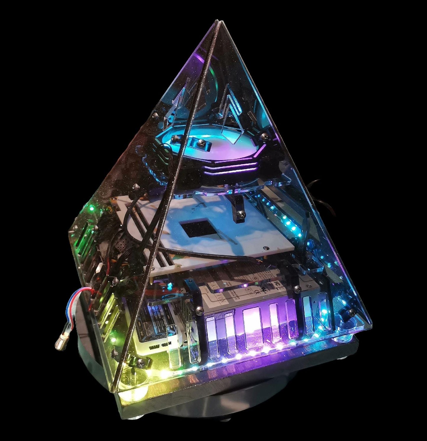 Pyramid ITX PC Case | Super Cool Transparent Acrylic Computer Case | Eye-Catching, Futuristic

[Bottom Dimension]: 9.84*9.84 inch / 25*25 cm

[Compatible Motherboard Dimension]: 6.7*6.7 inch / 17*17 cm&nbsp;

[Compatible Graphics Card Dimension]: One low-profile / half-height;&nbsp; Preferably a downward pressure radiator with light

[Power Supply]: SFX (Power Supply can be dcatx module, SFX position can be placed, 1.4inch / 3.5cm hard disk or an argb fan）