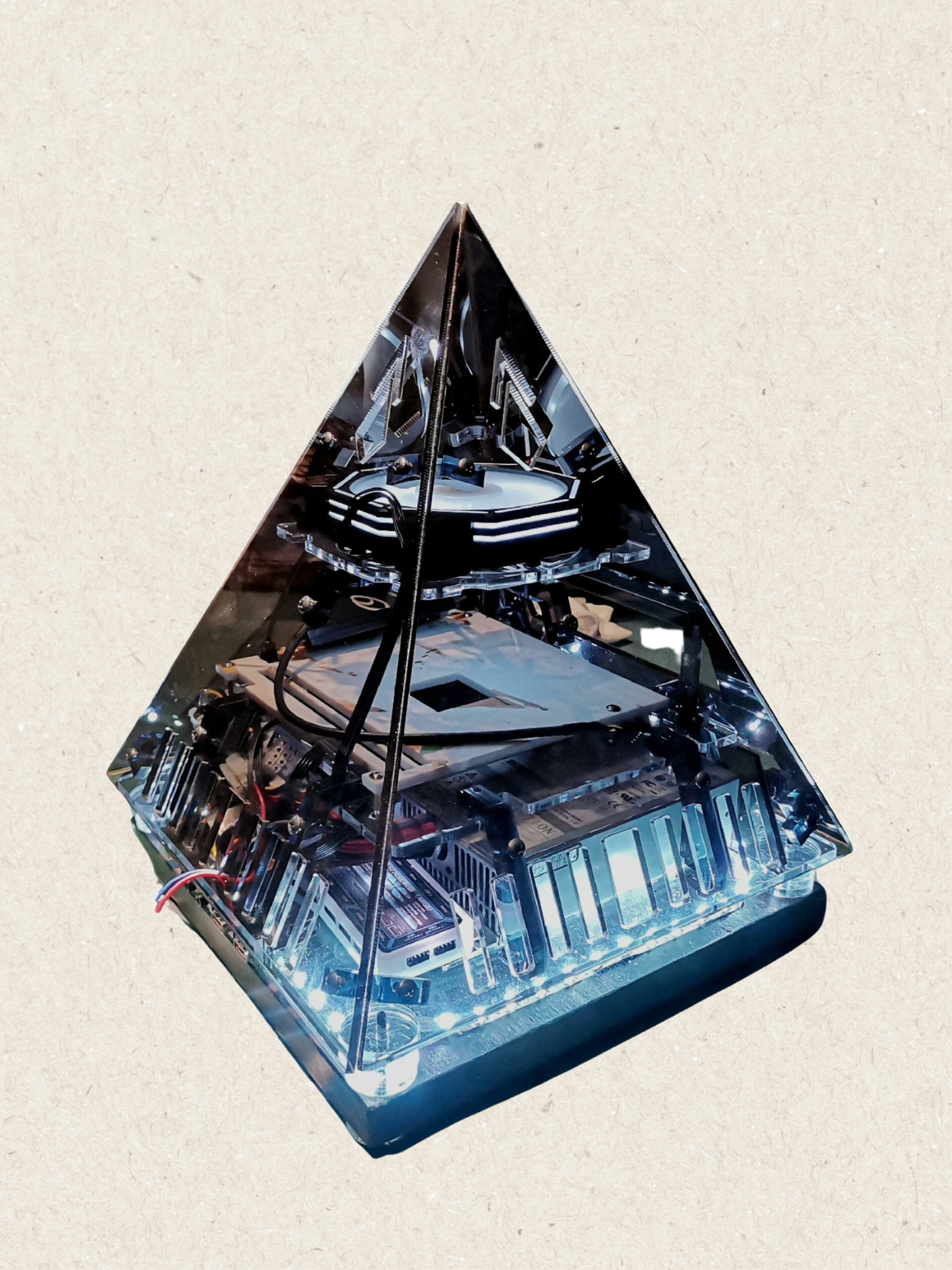 Pyramid ITX PC Case | Super Cool Transparent Acrylic Computer Case | Eye-Catching, Futuristic

[Bottom Dimension]: 9.84*9.84 inch / 25*25 cm

[Compatible Motherboard Dimension]: 6.7*6.7 inch / 17*17 cm&nbsp;

[Compatible Graphics Card Dimension]: One low-profile / half-height;&nbsp; Preferably a downward pressure radiator with light

[Power Supply]: SFX (Power Supply can be dcatx module, SFX position can be placed, 1.4inch / 3.5cm hard disk or an argb fan）