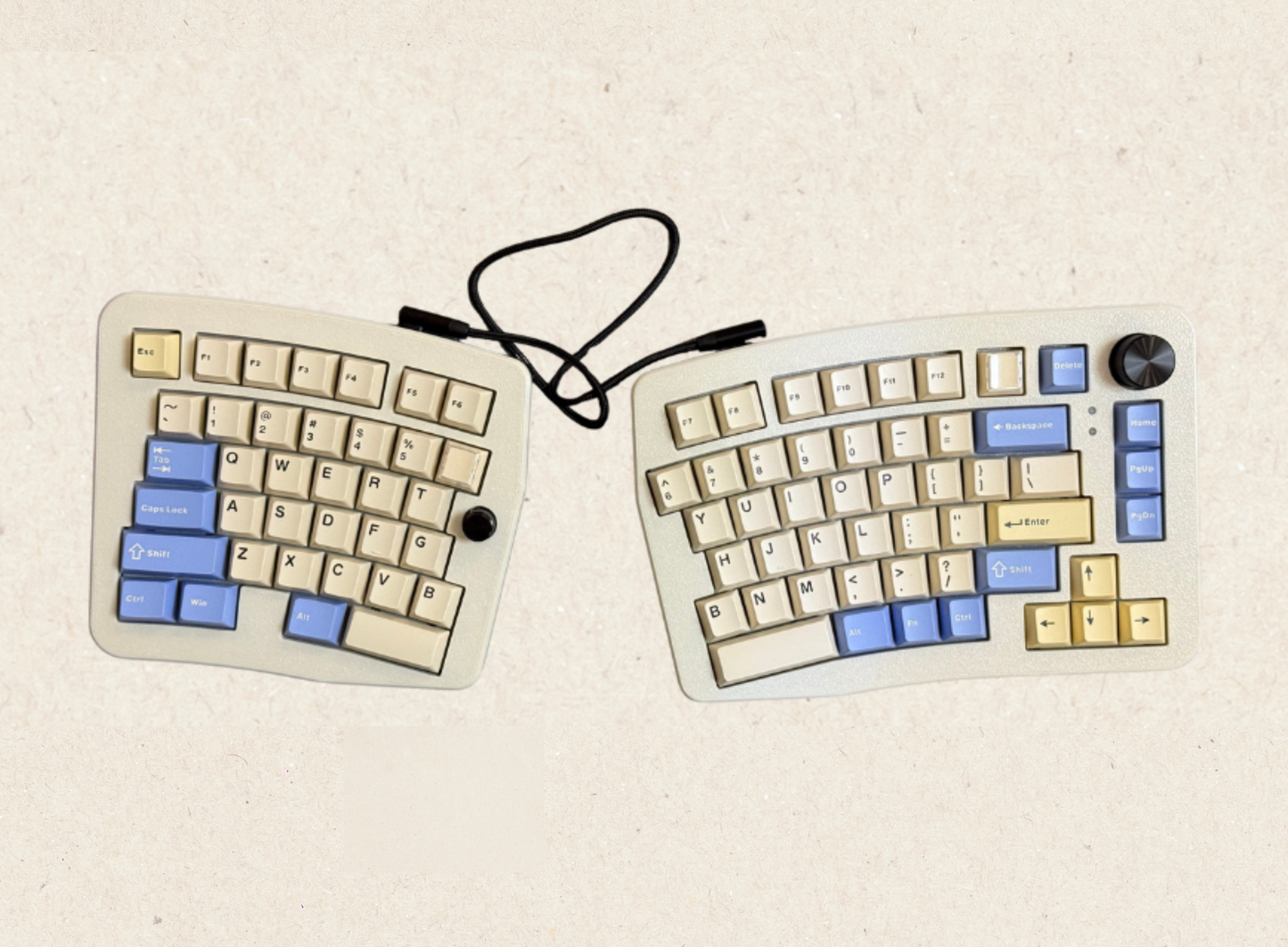 ✅ [Hot Swap/RGB]: : Yes, support Kailh switch / No RGB;
✅ [Firmware]: QMK firmware, supports VIAL key modification;
✅ [Main control]: STM32F103 series;
✅ [Color]: Default is black back, white cover and white positioning plate (customized colors are supported, please message to specify)
✅ [Connectivity]: Wired (Each side of the keyboard has two USB TypeC ports; please connect orange one to the PC, and blue one to the other side of the keyboard. Both can be used on one side);
✅ [Packing List]: 
[prebuilt] : 